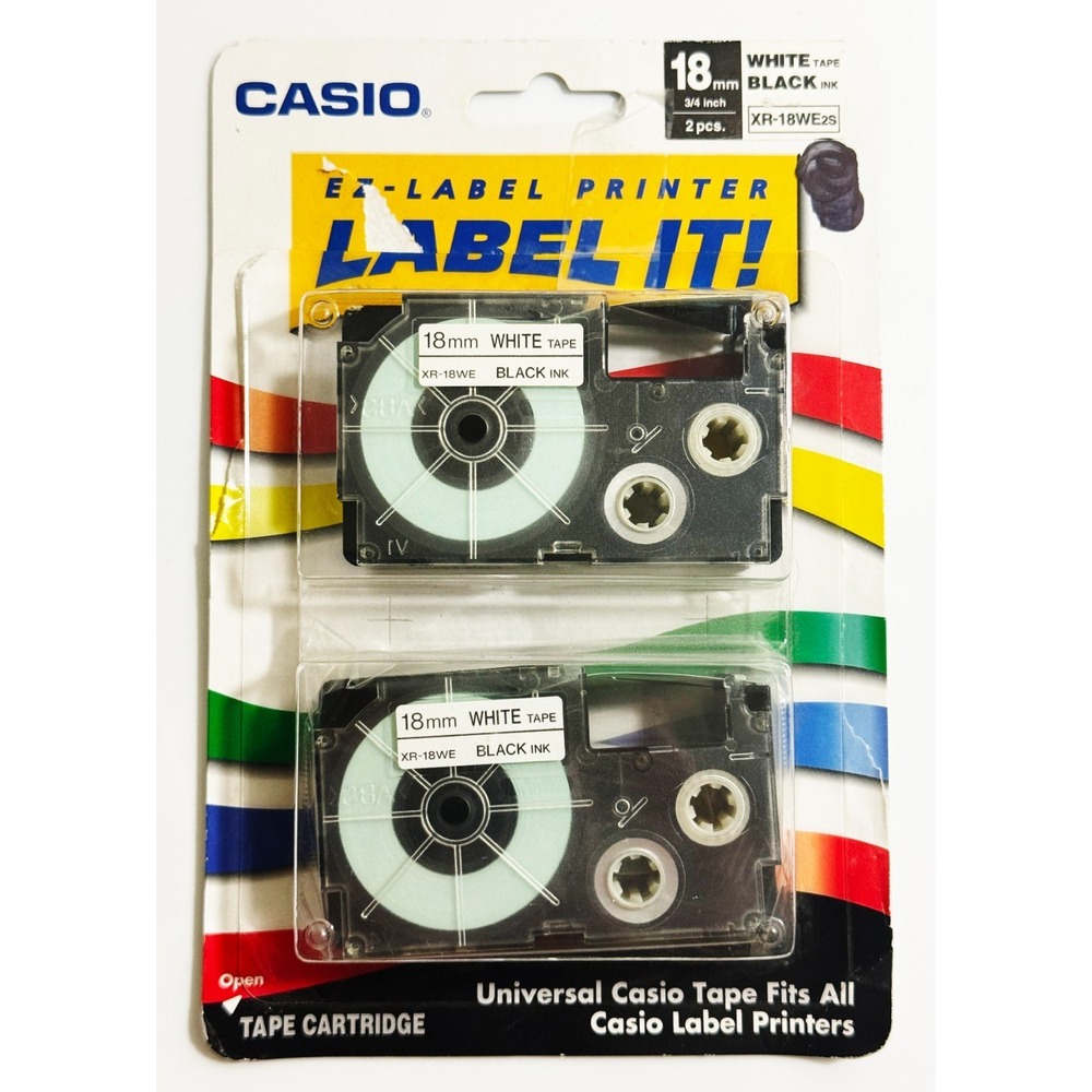Casio XR-18WE2S EZ-Label Printer Label It! 18mm 3/4" Tape Cartridge 2 Pack
